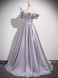Niulatu Purple A-line Off-shoulder Satin Long Prom Dress, Gray Purple Evening Dress HZ1108