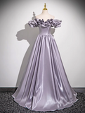 Niulatu Purple A-line Off-shoulder Satin Long Prom Dress, Gray Purple Evening Dress HZ1108