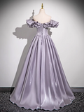Niulatu Purple A-line Off-shoulder Satin Long Prom Dress, Gray Purple Evening Dress HZ1108