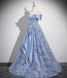 Niulatu A-line Off-shoulder Tulle Satin Long Prom Dress, Blue Evening Dress HZ1108