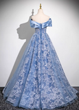 Niulatu A-line Off-shoulder Tulle Satin Long Prom Dress, Blue Evening Dress HZ1108