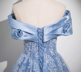 Niulatu A-line Off-shoulder Tulle Satin Long Prom Dress, Blue Evening Dress HZ1108