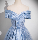 Niulatu A-line Off-shoulder Tulle Satin Long Prom Dress, Blue Evening Dress HZ1108