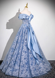 Niulatu A-line Off-shoulder Tulle Satin Long Prom Dress, Blue Evening Dress HZ1108