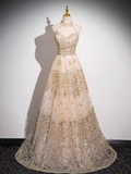 Niulatu A-line tulle sequin long prom dress, champagne evening dress HZ1108