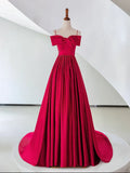Niulatu Off Shoulder Satin Red Long Prom Dress, Red Evening Dress HZ1108
