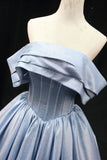 Niulatu Blue Satin Long Prom Dress, Elegant Off the Shoulder Evening Party Dress HZ1108