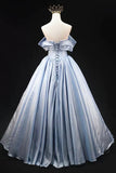 Niulatu Blue Satin Long Prom Dress, Elegant Off the Shoulder Evening Party Dress HZ1108