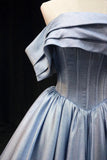 Niulatu Blue Satin Long Prom Dress, Elegant Off the Shoulder Evening Party Dress HZ1108