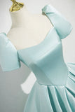 Niulatu Satin Long Prom Dress, Beautiful Blue Short Sleeve Evening Party Dress HZ1108