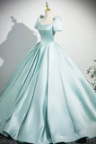 Niulatu Satin Long Prom Dress, Beautiful Blue Short Sleeve Evening Party Dress HZ1108
