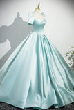 Niulatu Satin Long Prom Dress, Beautiful Blue Short Sleeve Evening Party Dress HZ1108