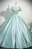 Niulatu Satin Long Prom Dress, Beautiful Blue Short Sleeve Evening Party Dress HZ1108