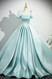 Niulatu Satin Long Prom Dress, Beautiful Blue Short Sleeve Evening Party Dress HZ1108