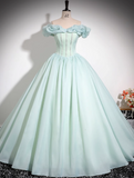 Niulatu Green A-line Off-shoulder Organza Beaded Long Prom Dress, Sweet 16 Dress HZ1103