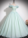 Niulatu Green A-line Off-shoulder Organza Beaded Long Prom Dress, Sweet 16 Dress HZ1103
