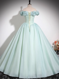 Niulatu Green A-line Off-shoulder Organza Beaded Long Prom Dress, Sweet 16 Dress HZ1103