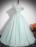 Niulatu Green A-line Off-shoulder Organza Beaded Long Prom Dress, Sweet 16 Dress HZ1103