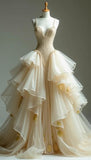 Niulatu Apricot Spaghetti Straps A-Line Beaded Tulle Long Prom Dresses Classic Layered Ball Gown HZ1103