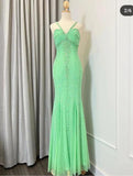 Niulatu Green V-neck Mermaid Chiffon Beaded Long Prom Dress Gorgeous Evening Dress HZ1103