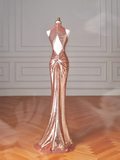 Niulatu Rose Gold Sequin Mermaid Long Prom Dress Backless Evening Dress HZ1007