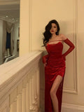 Sexy Sheath Strapless Red Slit Sleeveless Prom Dresses Party Dress Summer Birthday Outfits 20th Birthday Dresses HZ1214
