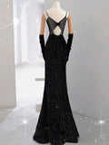 Niulatu Mermaid Spaghetti Straps Black Sequin Long Prom Dresses Party Dress With Beads HZ1110