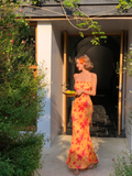 Niulatu Sheath Spaghetti Straps Orange Print Floral Satin Long Prom Dress Outfits HZ0113