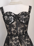 Niulatu A Line Spaghetti Straps Tulle Lace Black Women's Holiday Dresses SD222