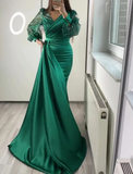 Niulatu Green Mermaid V Neck Satin Evening Dress Long Sleeves HZ1007