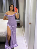 Niulatu Lilac Off The Shoulder Satin Evening Dress Slit Mermaid Prom Dress HZ1007