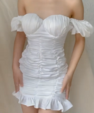 Niulatu Off-the-shoulder Bodycon Pleated Short Birthday Dresses, White Homecoming Dresses HZ1026