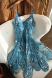 Niulatu V-neck Sheath Chiffon Beaded Short Prom Dresses, Turquoise Homecoming Dresses HZ1026