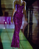 Niulatu Lace Mermaid Prom Dress Spaghetti Straps Purple Evening Gown HZ1007