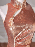 Niulatu Rose Gold Sequin Mermaid Long Prom Dress Backless Evening Dress HZ1007
