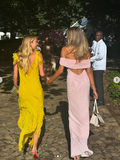 Niulatu Off The Shoulder Chiffon Slit Prom Dress Pink Formal Evening Dress HZ1007