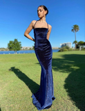 Niulatu Spaghetti Straps Navy Blue Velvet Long Mermaid Prom Dress Evening Dress HZ1007