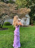 Niulatu Spaghetti Straps Lavender Chiffon Print Floral Evening Dress Ruffles Long Prom Dress HZ1007