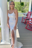 Niulatu Spaghetti Straps Mermaid White Sequin Prom Evening Dress HZ1007