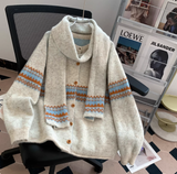 Niulatu Lsle Jacquard Crew Neck Sweater Cardigan with Scarf HZ1026