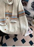 Niulatu Lsle Jacquard Crew Neck Sweater Cardigan with Scarf HZ1026
