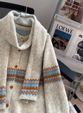 Niulatu Lsle Jacquard Crew Neck Sweater Cardigan with Scarf HZ1026
