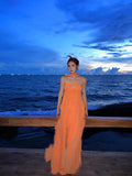 Niulatu Strapless Sheath Chiffon Long Party Dresses, Orange Guest Dresses Backless Birthday Dresses HZ1026