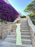 Niulatu Off-the-shoulder Sheath Chiffon Long Prom Dresses, Yellow Formal Evening Dresses HZ1026