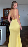 Niulatu V neck Mermaid Satin Long Prom Dresses, Yellow Backless Formal Evening Dresses HZ1026