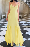Niulatu V neck Mermaid Satin Long Prom Dresses, Yellow Backless Formal Evening Dresses HZ1026
