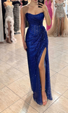 Niulatu Strapless Sheath Mesh Long Prom Dresses, Royal Blue Formal Evening Dresses HZ1026