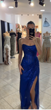 Niulatu Strapless Sheath Mesh Long Prom Dresses, Royal Blue Formal Evening Dresses HZ1026