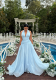 Niulatu V-neck Sheath Chiffon Wedding Guest Dresses, Light Blue Formal Evening Dresses HZ1026