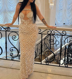 Niulatu Strapless Sheath Tulle Diamond Wedding Guest Dresses, Sexy Formal Evening Dresses HZ1026